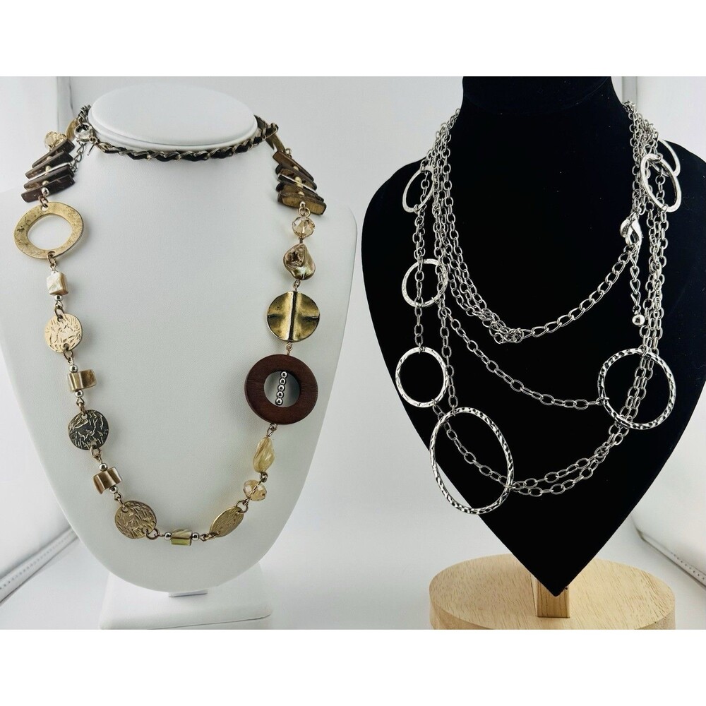 CHICOS Set of 2 Statement Necklaces 36” & 38” Signed Gold Tone Boho Style